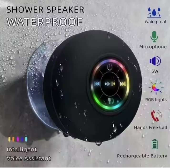 Waterproof Shower Pod Speakers - LED Lights With Suction Cup Attachable To Most Surfaces